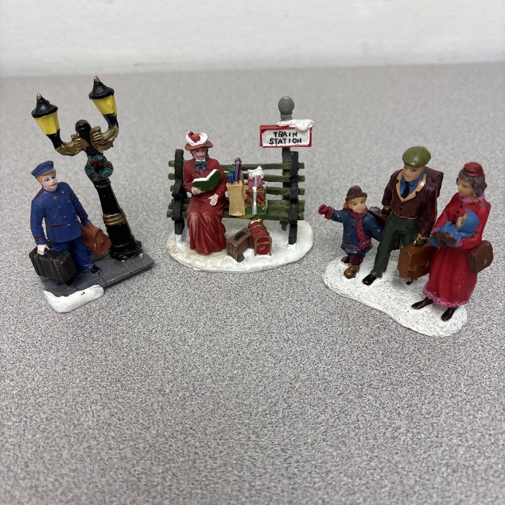 Christmas Village Train Station Figures Porter Lady On Bench Traveling Family